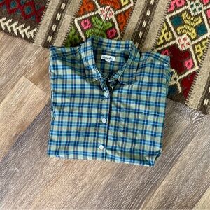 Steven Allen Plaid Button Down S EUC Green Blue Twist Reverse Seam